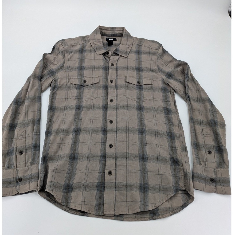 PAIGE Mens Everett Flannel Shirt Size Small Oak Sky Blue Grey Long Sleeve Pocket